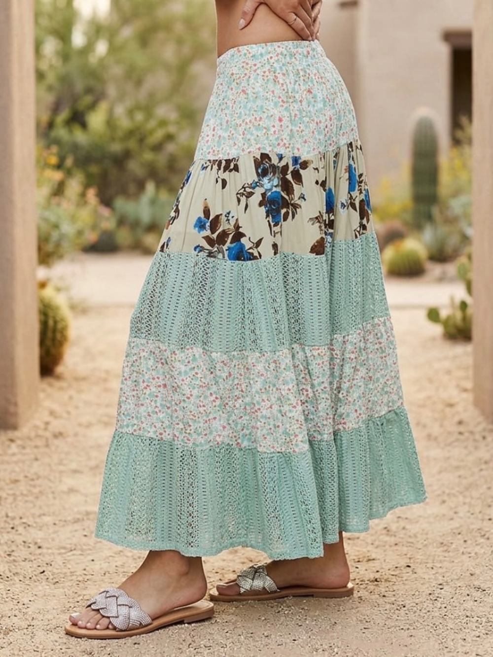 POL Sage Green Boho Patchwork Maxi Skirt | Floral Lace Tiered Flowy Pull On - Picture 5 of 7